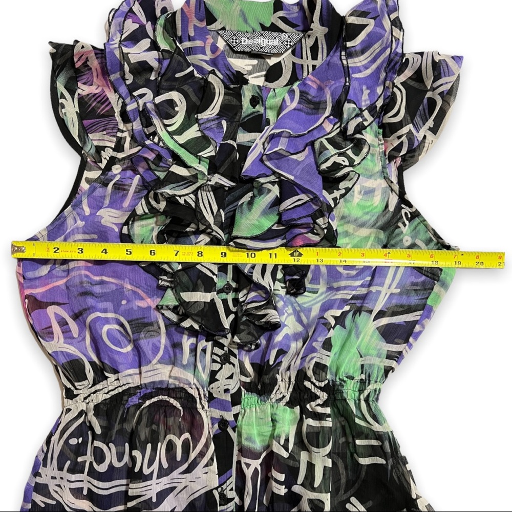 DESIGUAL Sleeveless Ruffle Top Button Front Graffiti Print Semi Sheer Large - Picture 9 of 10